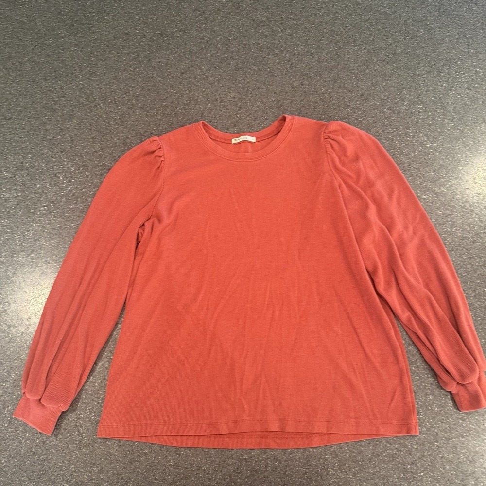 MARINE‎ LAYER SZ L WOMENS RUST LEXI RIBBED PUFFED SLEEVE TOP